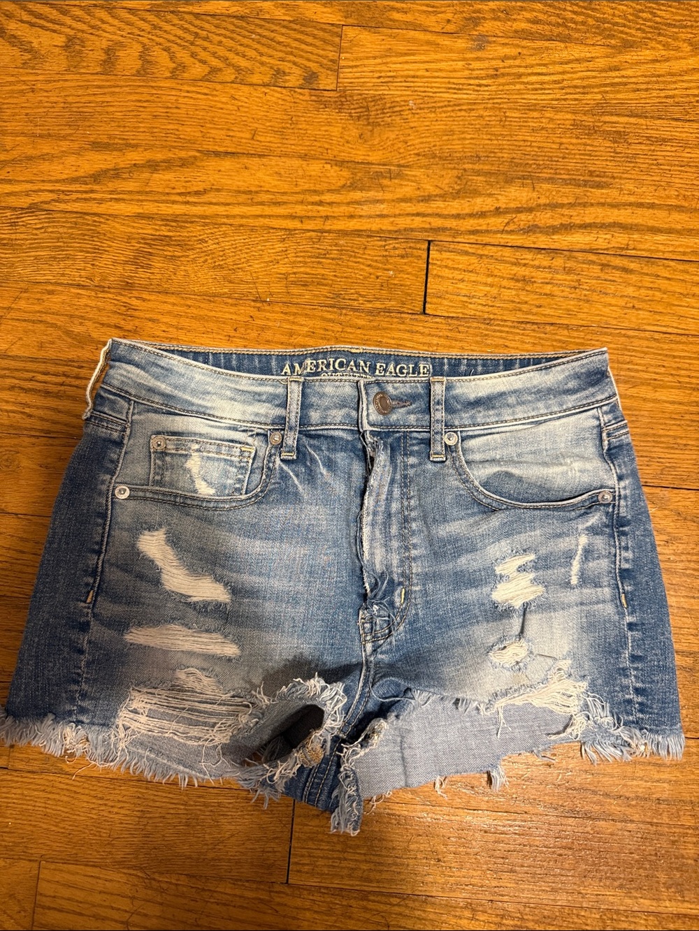 American Eagle Outfitters Light Blue Denim Shorts with Leather Patch